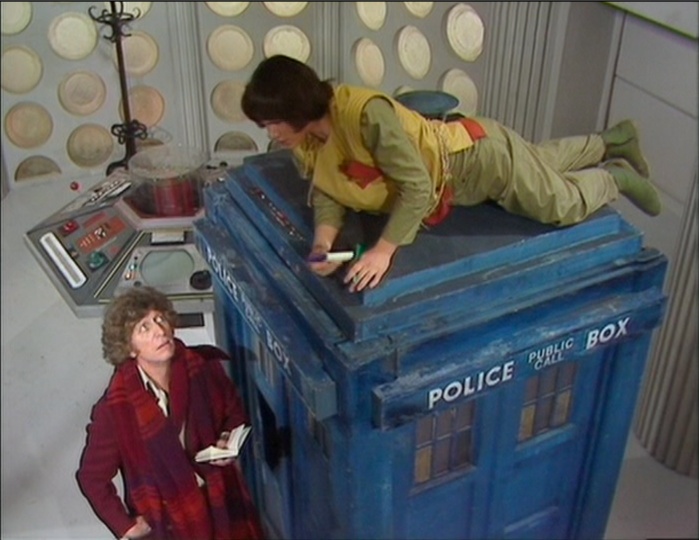 A Police Box in a Police Box, with Adric on top